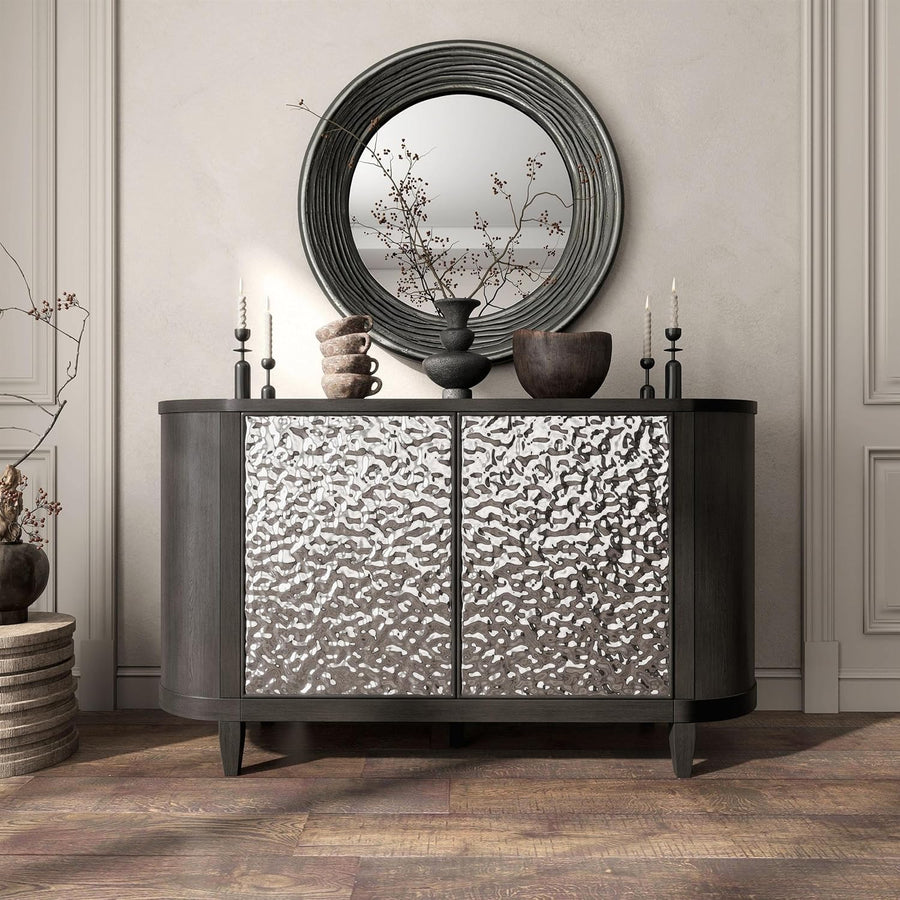 Sterling Modern Dining Server in Wire Brush Ash Gray with Dented Stainless Steel