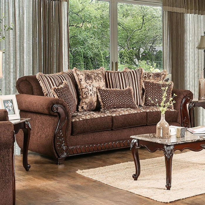 Tabitha Traditional Chenille Sofa - Brown/Gold