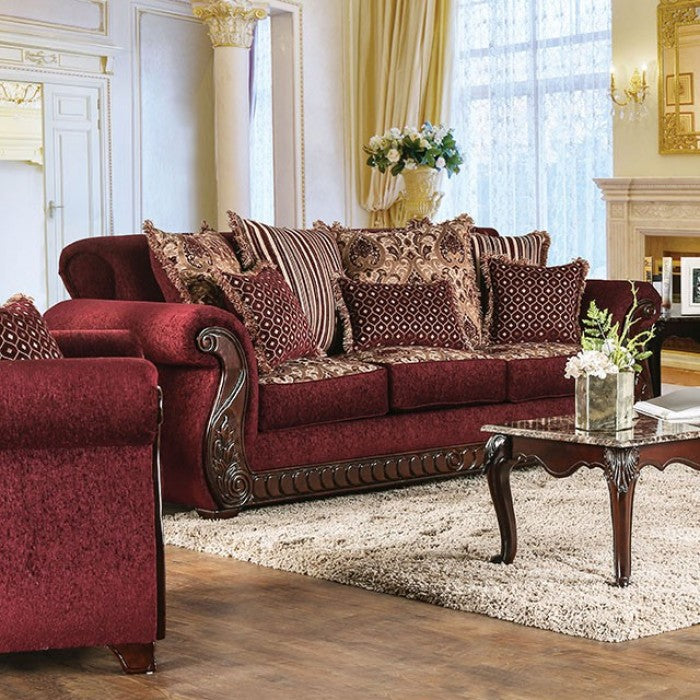 Tabitha Traditional Chenille Sofa - Wine/Gold