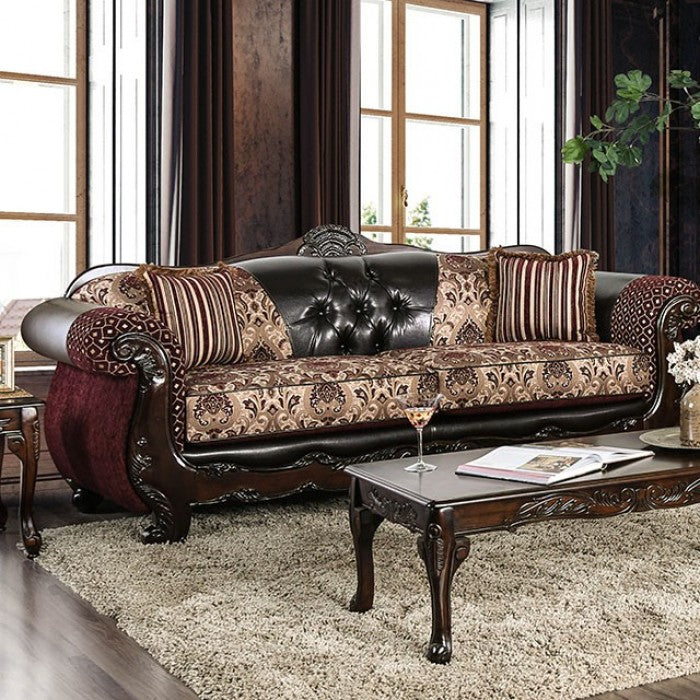 Quirino Faux Leather Sofa - Burgundy/Dark Brown