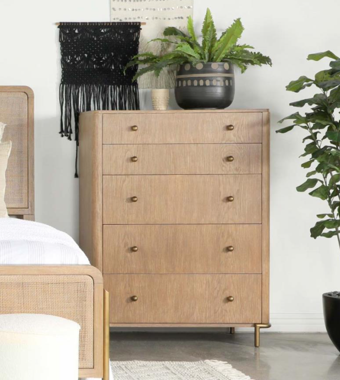 Arini 5 Piece Queen Panel Bedroom Set - Sand Wash And Natural Cane