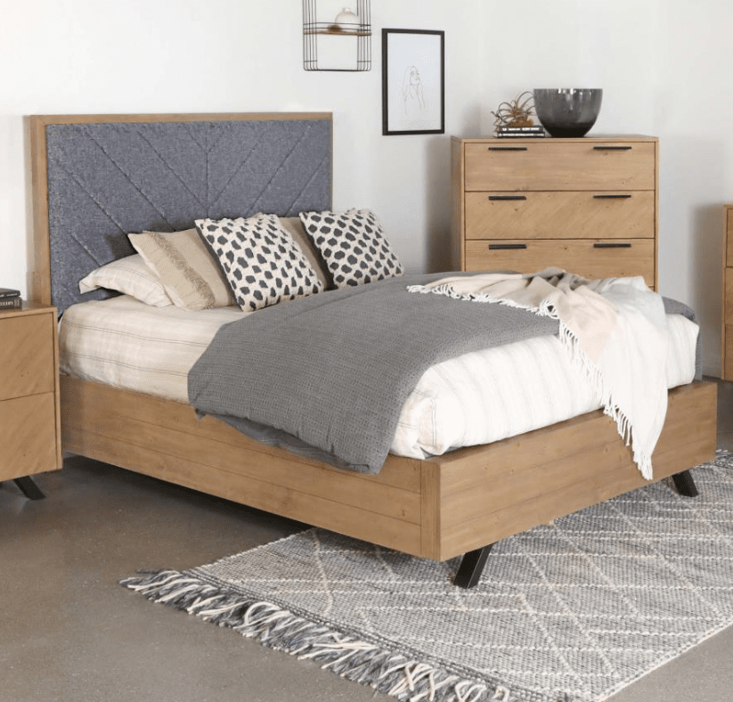 Taylor Modern King Bedroom Set in Light Honey with Upholstered Headboard
