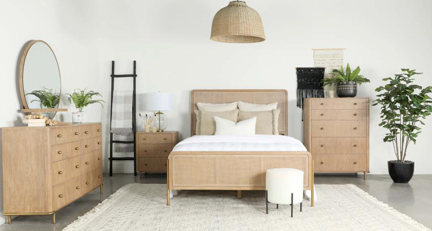 Arini 5 Piece Queen Panel Bedroom Set - Sand Wash And Natural Cane