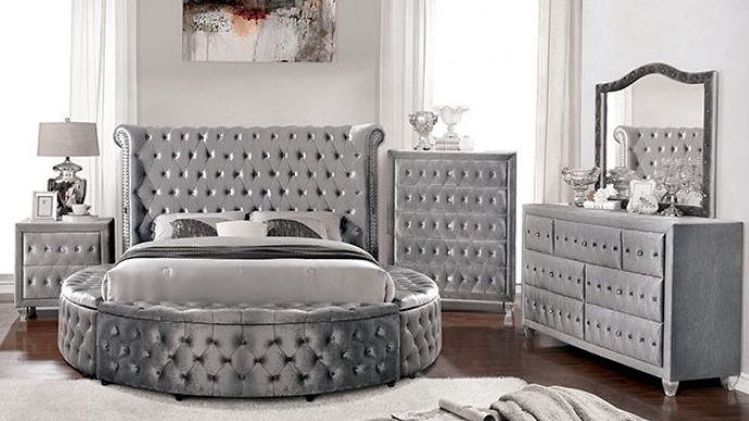 Sansom Gray Velvet King Glam Bed - Furniture of America