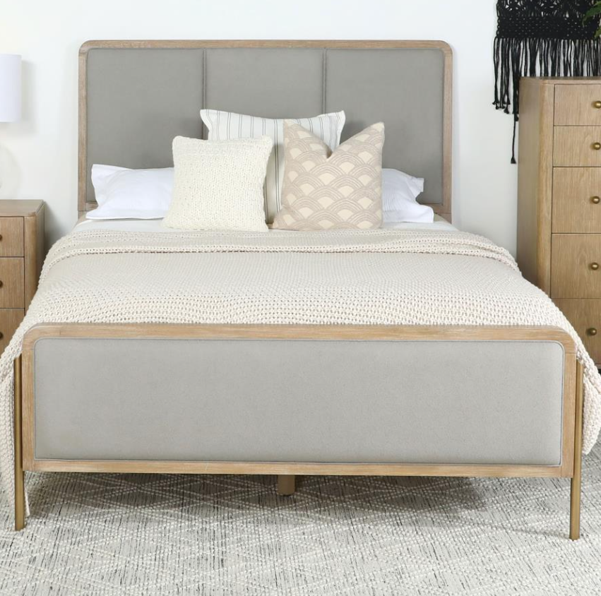 Arini II King Bedroom Set in Wire Brushed Sand Finish & Upholstered Headboard