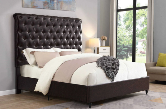 Lawrence Traditional Button Tufted Platform Bed in Brown Leatherette