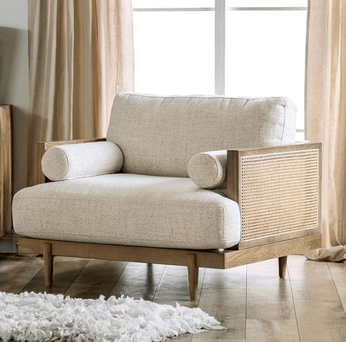 Alesund Mid-Century Modern Chair with Rattan Accents - Beige & Light Oak