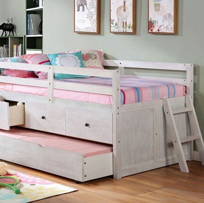 Anisa Twin Loft Bed with Storage & Trundle - White