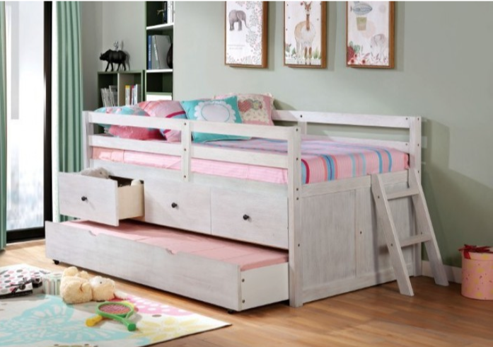 Anisa Twin Loft Bed with Storage & Trundle - White