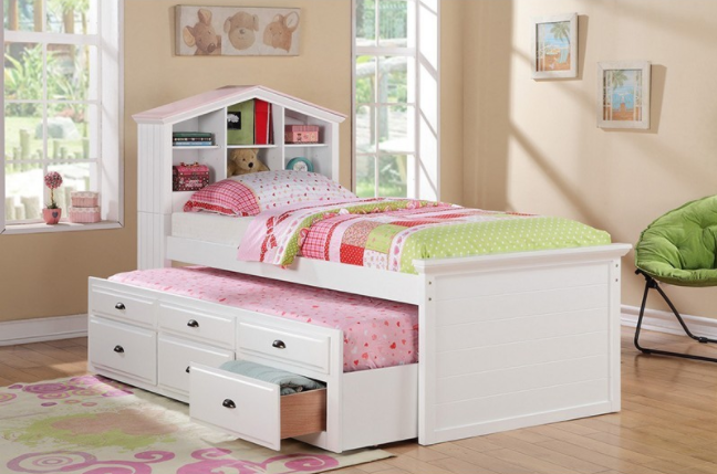 Ridley Twin Bookcase Bed with Trundle - White