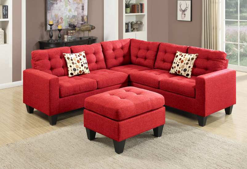 Carmine 4-Piece Upholstered Sectional & Ottoman Set - Red