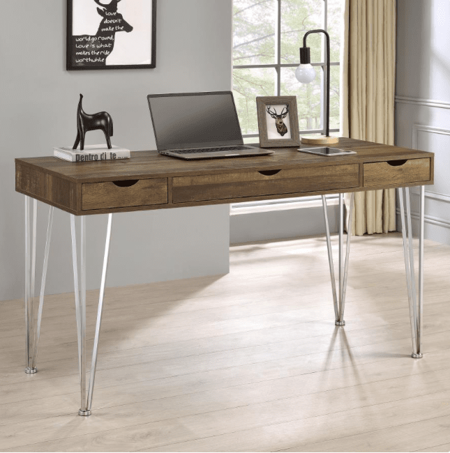 Milton 3-drawer Writing Desk Brown Oak and Chrome