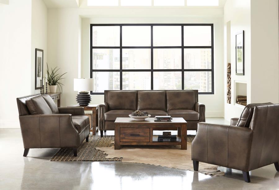 Leaton Leather Recessed Arms Sofa Brown Sugar