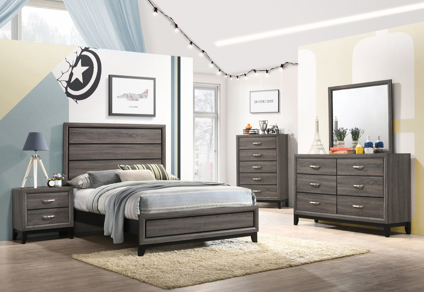 Watson Transitional Twin Panel Bedroom Set - Grey Oak