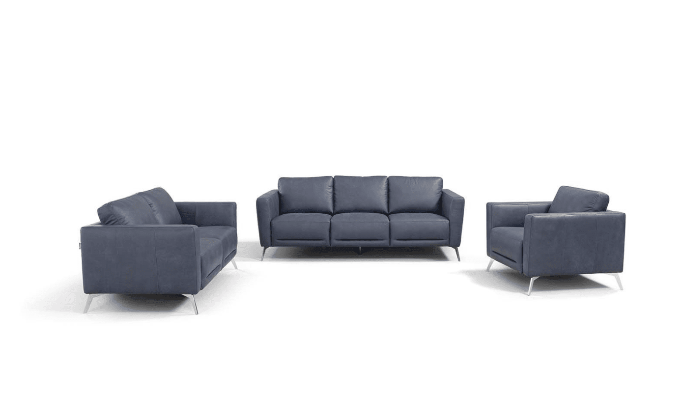 Astonic Blue Italian Leather Sofa with Silver Feet