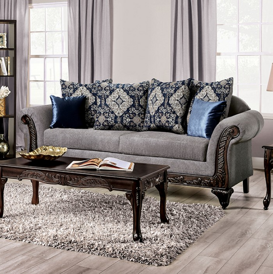 Gustavo Traditional Chenille Rolled Arm Sofa & Loveseat Set - Gray/Walnut