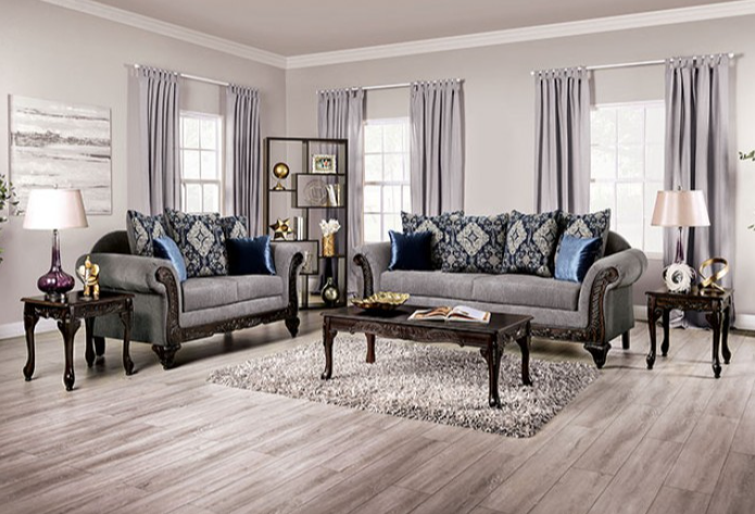 Gustavo Traditional Chenille Rolled Arm Sofa & Loveseat Set - Gray/Walnut
