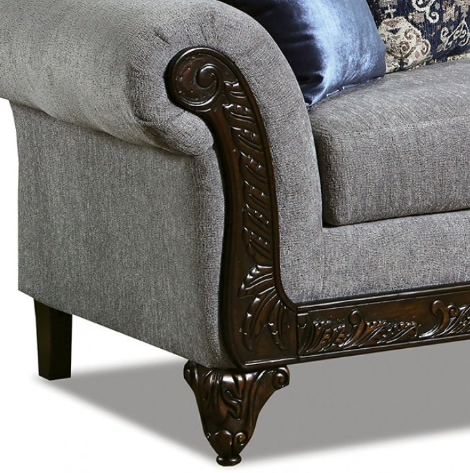 Gustavo Traditional Chenille Rolled Arm Sofa & Loveseat Set - Gray/Walnut