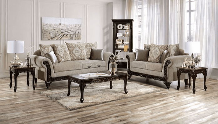 Panozzo Traditional Chenille Rolled Arm Sofa - Beige/Walnut