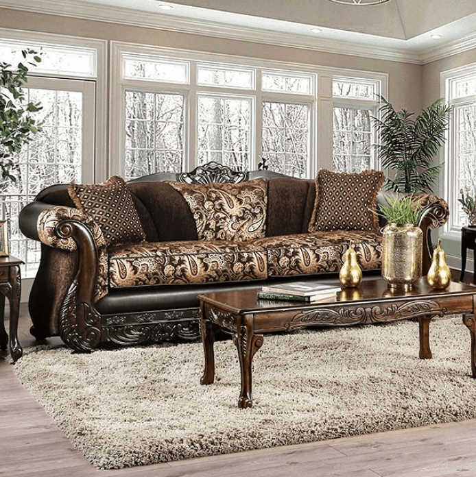 Newdale Traditional Chenille Rolled Arm Sofa - Brown & Gold