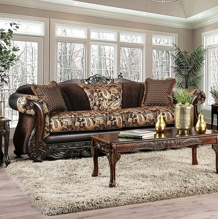 Newdale Traditional Chenille Rolled Arm Sofa & Loveseat - Brown & Gold