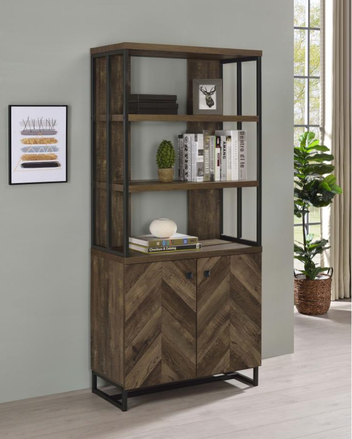 Millbrook 2-door Bookcase Rustic Oak Herringbone and Gunmetal