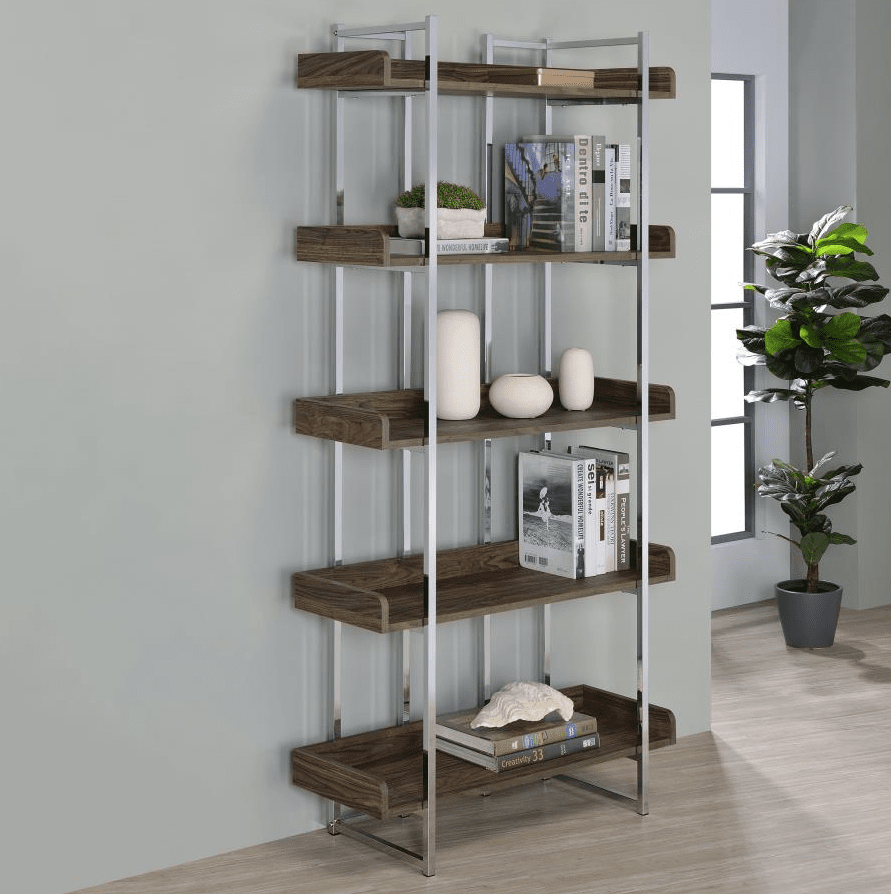 Angelica 5-Shelf Bookcase Walnut And Chrome