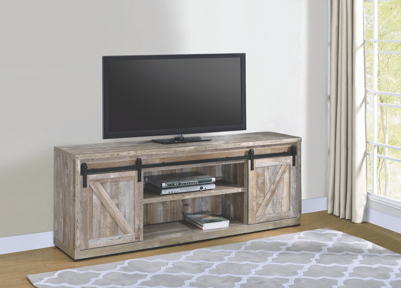 Brockton 3-Shelf Sliding Doors TV Console Weathered Oak