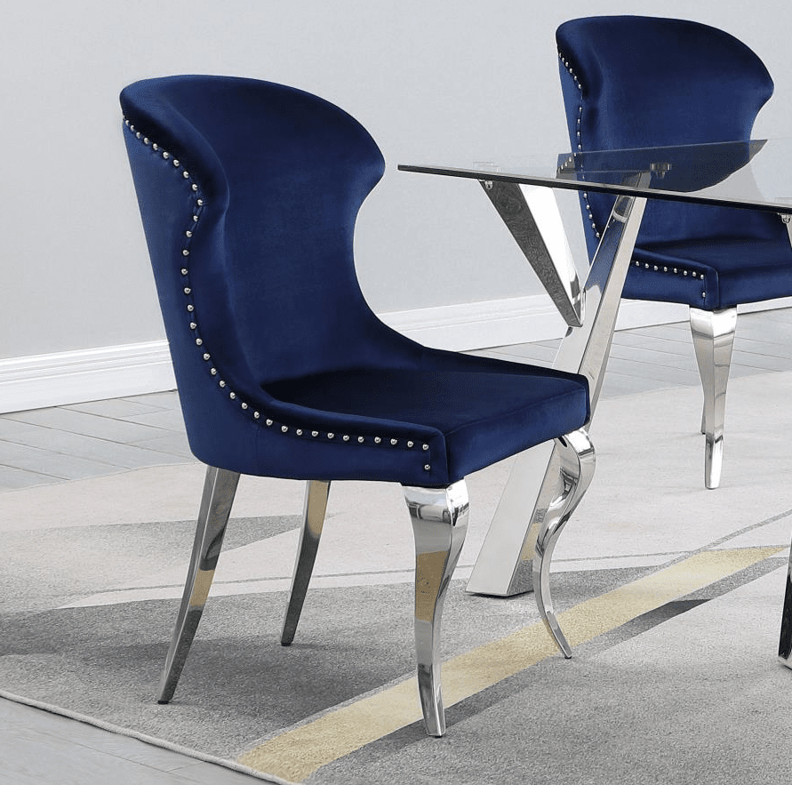 Cheyanne Upholstered Wingback Side Chair with Nailhead Trim Chrome and Ink Blue Set of 2