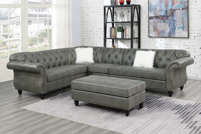 Celia Traditional Glam Sectional in Breathable Leatherette - Slate Gray