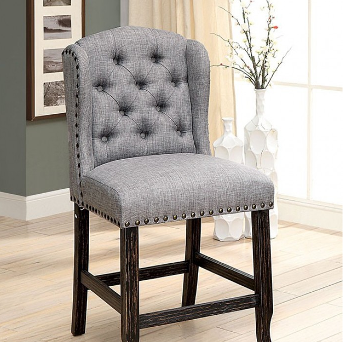 Sania Linen Wingback Counter Height Chair Set of 2 - Light Gray & Antique Black