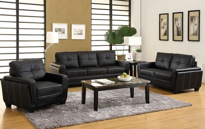 Blacksburg Contemporary Black Leatherette Sofa w- White Contrast Stitching