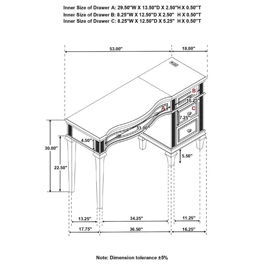 Quinn 4-Drawer Vanity Table with Faux Diamond Trim - Silver & Ivory