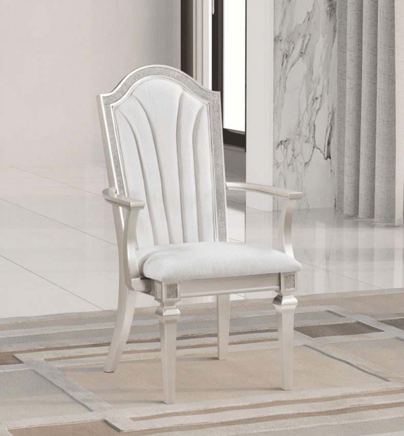 Evangeline Upholstered Dining Arm Chair with Faux Diamond Trim Ivory and Silver Set of 2