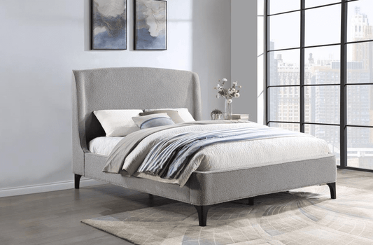Mosby Queen Platform Bed with Curved Headboard in Light Gray Boucle Fabric
