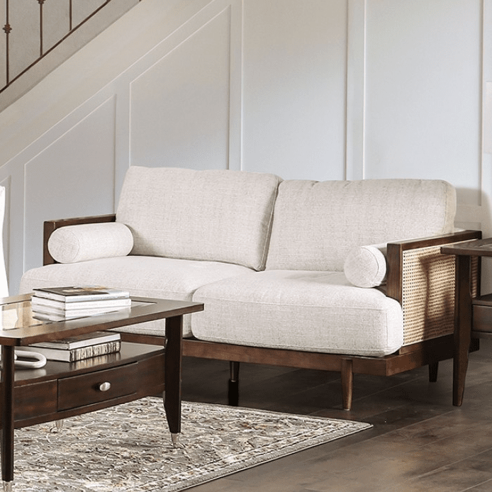 Alesund Mid-Century Modern Sofa with Rattan Accents - Beige & Walnut
