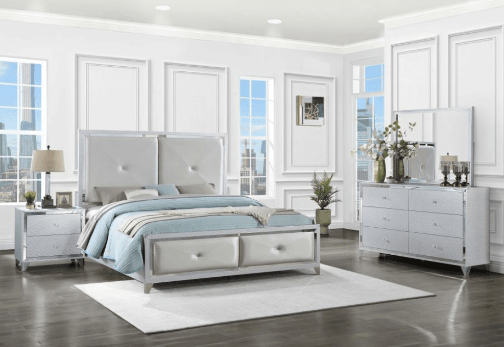 LaRue Upholstered Tufted Eastern King Panel Bed Silver