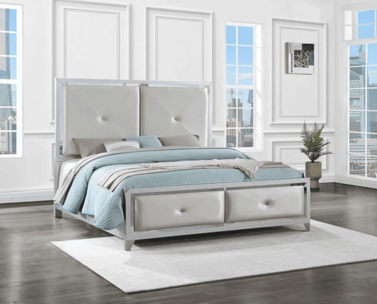 LaRue Upholstered Tufted Eastern King Panel Bed Silver