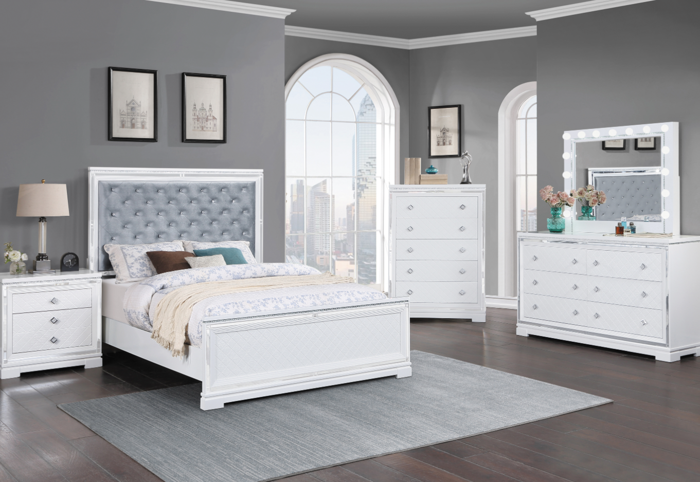 Eleanor Collection Queen Bed with Upholstered Headboard in White