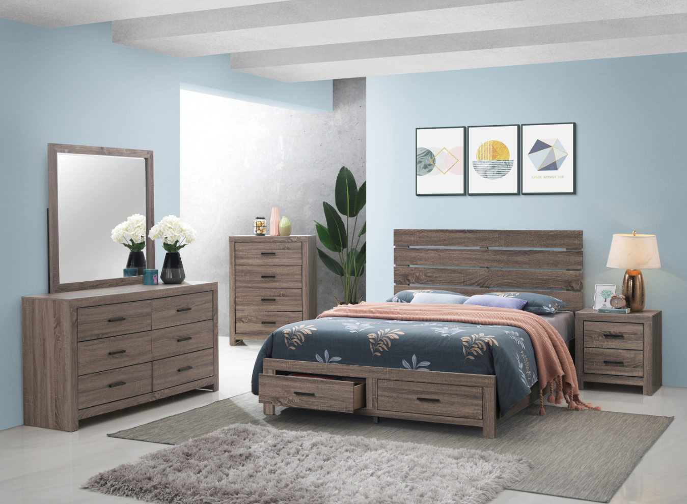 Marion King Platform Storage Bedroom Set - Coastal White or Barrel Oak