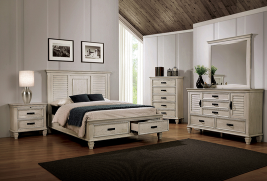 Franco Solid Wood King Storage Bedroom Set - Antique White