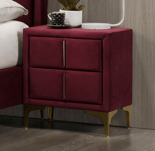 Florizel Red Velvet Glam Nightstand with Gold Feet