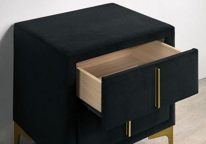 Florizel Black Velvet Glam Nightstand with Gold Feet