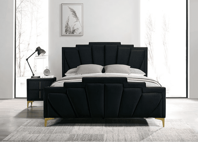 Florizel Channel Tufted Velvet Queen Bed with Gold Feet - Black