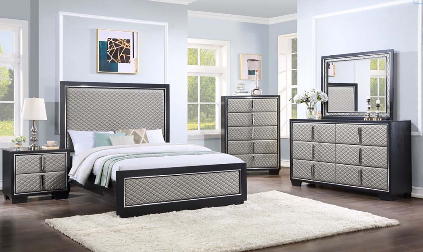 Nicola King Size Bed in Black with Gray PU Padded Headboard