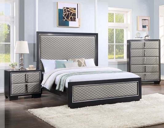 Nicola King Size Bed in Black with Gray PU Padded Headboard