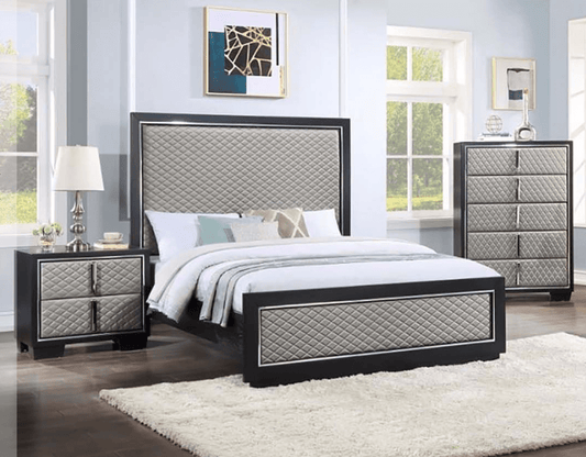 Nicola Queen Size Bed in Black with Gray PU Padded Headboard