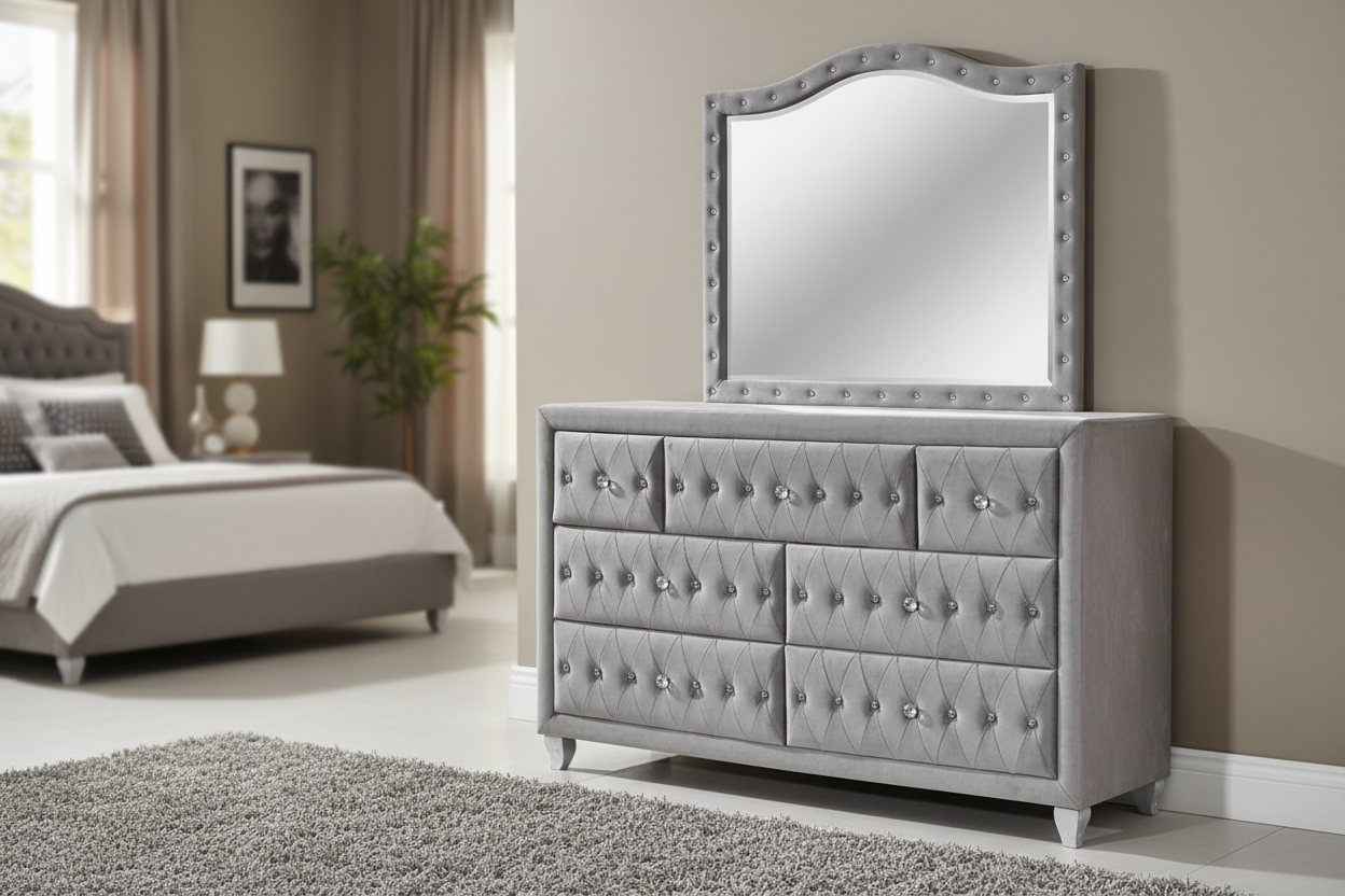 Alzir Glam Style 7 Drawer Upholstered Dresse - Gray