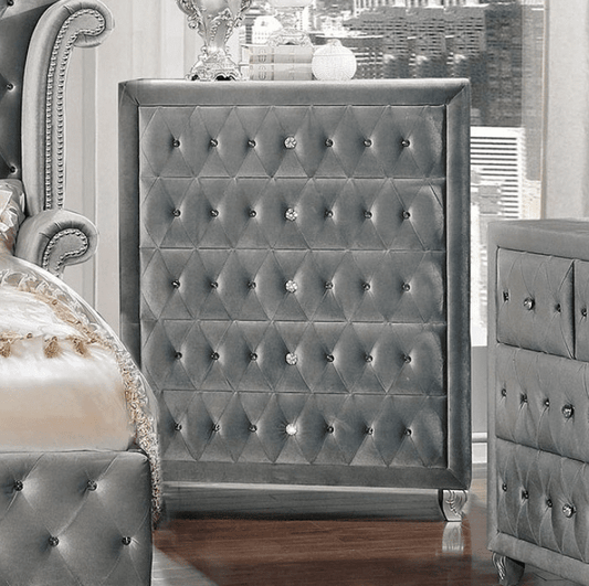 Alzir Gray Velvet Glam Chest with Carved Silver Feet