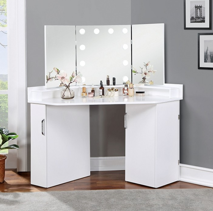 LoryBelle Vanity Set with Tri-Fold 10-Bulb Mirror - White